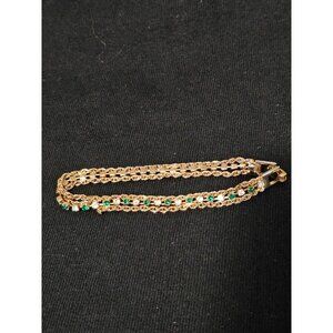 Vintage Bracelet 7" Gold Tone Three Strand Green and Clear Crystals Women's  EUC